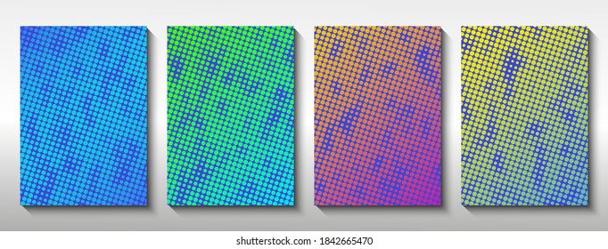 Set von Vorlagen für Cover in Halbtönen. Kreise verschiedener Durchmesser mit Spoteffekt. Vektorgrafik.
