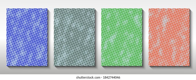 Set of templates for covers in halftones. Circles of various diameters with a spot effect. Vector illustration.