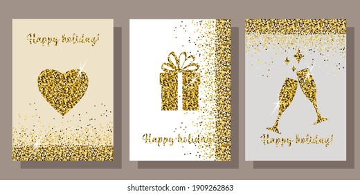 set of templates, covers, and postcards for any holiday or celebration. restrained colors, golden texture, holiday symbols made of gold sequins. stock vector illustration. EPS 10.