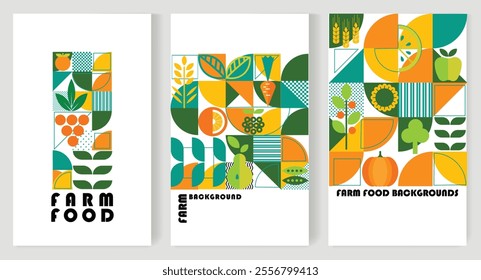 A set of templates for creating agricultural booklets farm food backgrounds with geometric designs.
