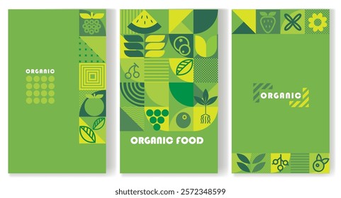 A set of templates for creating agricultural booklets with a geometric pattern of vegetables, fruits, berries and plants.
