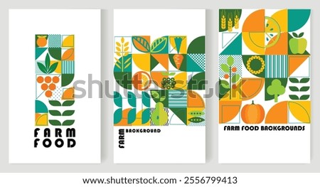 A set of templates for creating agricultural booklets farm food backgrounds with geometric designs.
