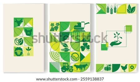 A set of templates for creating agricultural booklets with geometric designs.