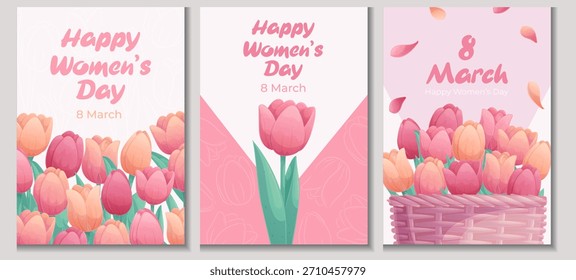 Eine Reihe von Vorlagen zum Erstellen von Grußkarten für den Frauentag. 8. März Tulpen in einem Korb, ein Strauß. Vektorgrafik zur Gestaltung einer Postkarte, Einladungskarte, Poster, Banner