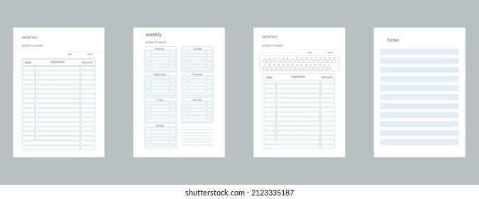 A set of templates for creating a notepad planner, a diary with separate blank sheets. Budget planning for a month, a week. A4 format is ready for printing.