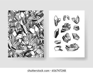 Set of templates crystal cards. Hand drawn vector patterns brochures with gems. Actual artistic design with jewels