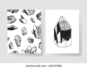 Set of templates crystal cards. Hand drawn vector patterns brochures with gems. Actual artistic design with jewels