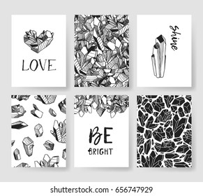 Set of templates crystal cards. Hand drawn vector patterns brochures with gems. Actual artistic design with jewels