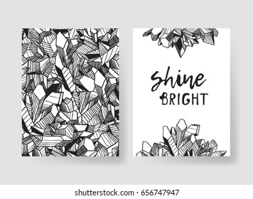 Set of templates crystal cards. Hand drawn vector patterns brochures with gems. Actual artistic design with jewels