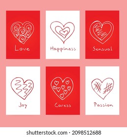 set of templates of Cute Gift Romantic Greeting Cards with different hearts hand-drawn for Valentine's Day, invitation, Mother's Day or Women's Day
