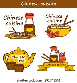 Set of templates with cute modern hand drawn cartoon objects on chinese food theme: rice, teapot, chinese pasta, soy sause, soup, chinese sticks, chinese dumpling, shrimp. Vector ethnic chinese