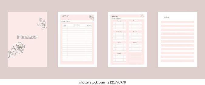 A set of templates. Daily planner, planner, notepad, schedule for income and expenses. A4 format is ready to print for planning your budget. Business and time management.