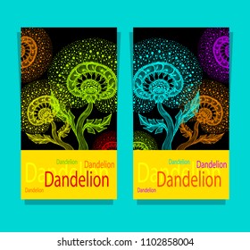Set Templates from Dancing Decorative Dandelion in Zen tangle style colorful on black made by trace for decoration package cosmetic perfume or for advertising activities