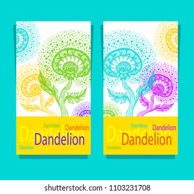 Set Templates from Dancing Decorative Dandelion in Zen tangle style colorful on white made by trace for decoration package cosmetic perfume or for advertising children activities or organizations 