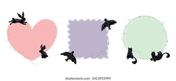Set of templates decorated with animal silhouettes drawn in boho style.  Black rabbits, cats and doves with white ornament and botanical elements. Vector illustration