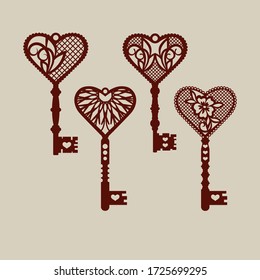 Set of templates of decorative keys for laser cutting, paper cutting, stencil making.  
