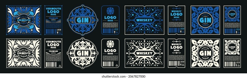 Set Of Templates Decorative Label For Gin, Whiskey, Vermouth And Other Alcohol Drink. Color And White Print On Black Background. Vector Illustration