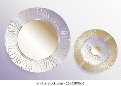A set of templates for the design of 2 plates with an elegant gold pattern on a white background. Vector illustration.