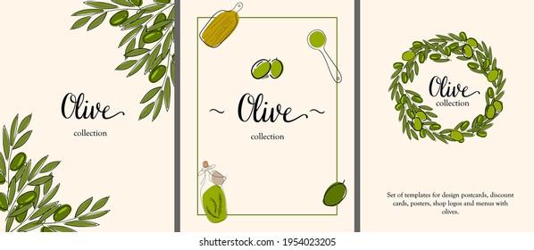 conjunto de plantillas para el diseño de tarjetas, tarjetas, tarjetas de visita, carteles e invitaciones con aceitunas. ramas de olivo y hojas