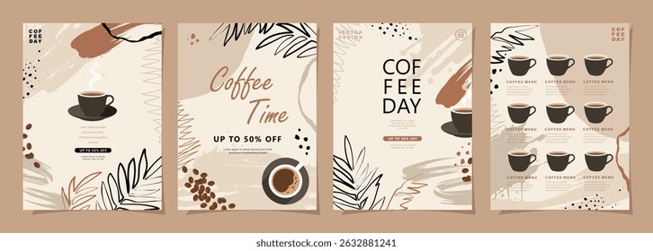 Set of templates design with coffee beans, cups and leaves on minimal background for invitations, cards, banner, poster, cover, menu or another template. Vector illustration.