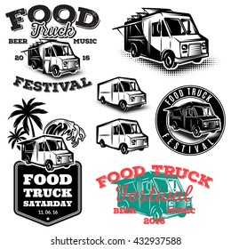 set of templates, design elements, vintage style emblems for the food truck