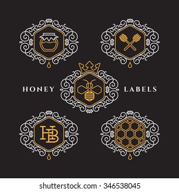 Set of templates design for honey bee labels with frame in outline style. Vector illustration.