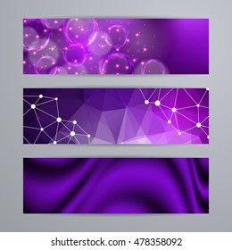 Set of templates for design of horizontal banners, covers, posters in geometric graphic style for web site. Abstract modern polygonal, bokeh, elegant drapery texture backgrounds. Illustration EPS10