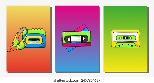 Set of templates for the design of music festival posters or flyers in retro 80s 90s style with bright illustrations of musical elements, objects in y2k style, player, headphones, cassette. 