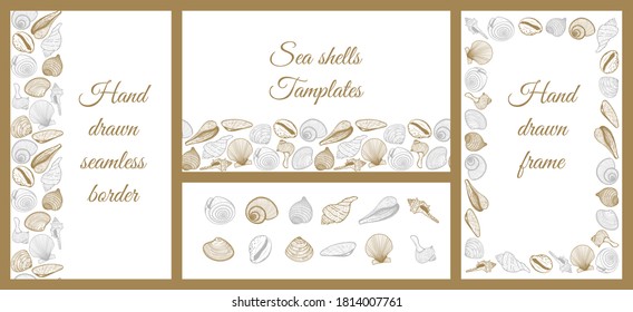 Un conjunto de plantillas para el diseño en el mar, tema de verano. Marcos horizontales y verticales hechos de conchas marinas.Borde transparente. Colección de elementos dibujados a mano aislados en blanco. Ilustración del vector