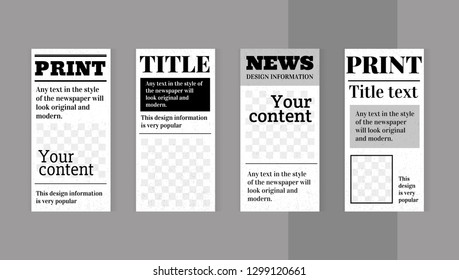 Set templates for design of social networks, instagram story and print. Newspaper style with windows for images.