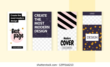 Set templates for design of social networks, instagram story and print with windows for images. Modern black and pink style with gold elements. 