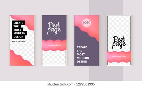 Set Templates For Design Of Social Networks, Instagram Story And Print With Windows For Images. Modern Style In The Form Of Beautiful Pink Waves. 