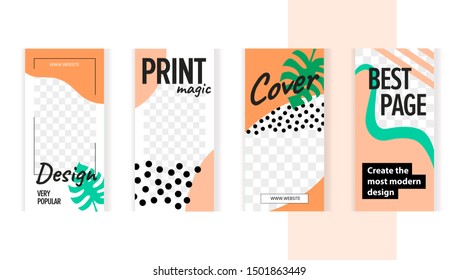 Set templates for design of social networks, instagram story and print with windows for images. Orange modern style with 
monstera leaves. 