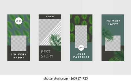 Set templates for design of social networks, story and print with windows for images. Green tropic fan leaf on dark green and black background. Beautiful palm branches. Cozy light design.