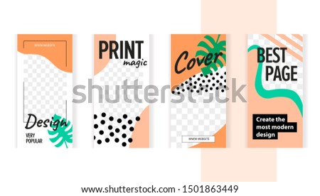 Set templates for design of social networks, instagram story and print with windows for images. Orange modern style with 
monstera leaves. 