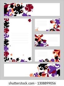 A set of templates for the design of text and corporate identity. Office layout with colorful abstraction. Written envelope, postcard, catalog, paper. 