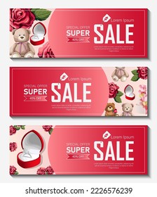 Set of templates design. Vector illustration of horizontal Sale banners with Teddy bears, gifts, cakes isolated on white. Happy Valentine's day, flyer, card, poster, web, promotion concept.