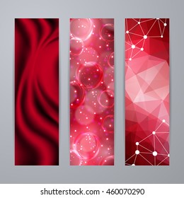 Set of templates for design of vertical banners, covers, posters, web site in geometric graphic style. Abstract modern polygonal, bokeh, elegant drapery texture backgrounds. Vector illustration EPS10