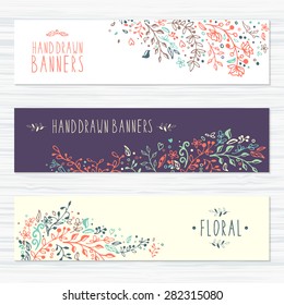 A set of templates design. Vintage cards with flower patterns and ornaments. Floral decorations, leaves, flower ornaments. Spring or summer banners vector.