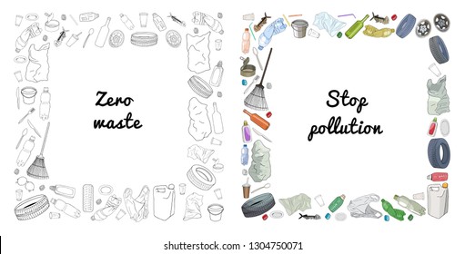Set of templates with different kinds of garbage and bags isolated on white background. Vector outline trash. The concept of ecology and World Cleanup Day.