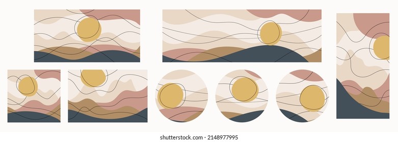 Set of templates of different shapes, vector design. Stylization of the mountain landscape, the sun.