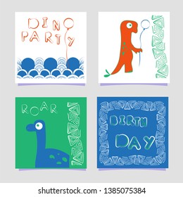 A set of templates dino print lettering cards. Dinosaur with a balloon. In doodle style. Hand drawn poster for birthday, anniversary, party invitations. Vector illustration cartoon animals