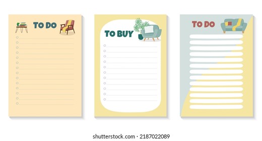 Set of templates for To Do List and To Buy with furniture. Isolated vector illustration 