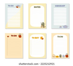 Set of templates for To Do List, To Buy List, Notes and Checklist with colorful teapots and cups. Isolated vector illustration 