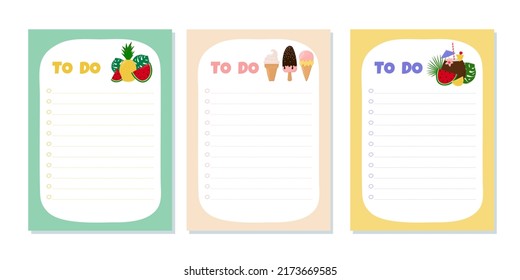 Set of templates for To Do List with cute fruit and ice cream. Vector illustration