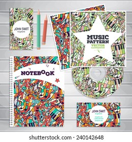 Set of templates: the drive, business cards, postcard, notebook.Can be used for music and dance posters, printing, websites, surface texture, banners. Illustration contains seamless pattern.