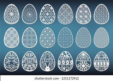 Set of templates easter eggs for laser cutting. Vector illustration in paper style.