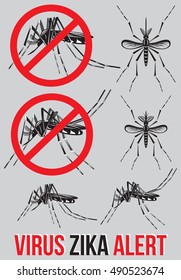 Set of templates, elements with mosquito for medical emblem to topik Zika virus alert. Warning of caution and risk of infection this disease.