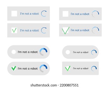 Set of templates for entering captcha I'm not a robot. Web site protection and internet safety. Vector Illustration