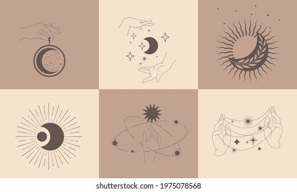 A set of templates with esoteric cosmic symbols. Silhouette of hands, lunar cycles, sun, stars, space.